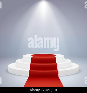 Realistic podium. Pedestal award winner ceremony first vip prestige spotlight carpet red, white round, vector image Stock Vector