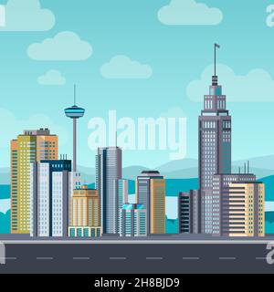Flat cityscape. Skyscraper modern buildings city office center, apartment house hotel residential block exterior urban Stock Vector