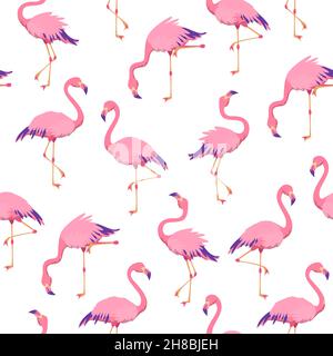 Pink flamingos pattern. Cute tropical birds, seamless flamingo hawaii texture bird repeat print decor wallpaper Stock Vector
