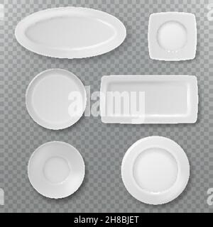 Empty white plate. Food plates top view topping dish bowl from above kitchen ceramic elements cooking porcelain isolated Stock Vector