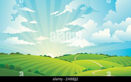 Fields landscape. Scenic green hills nature sky horizon meadow grass field rural land agriculture grassland Stock Vector