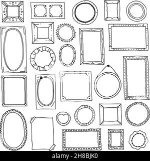 Doodle photo frame. Hand drawn square oval picture frames, scrapbook scribble journaling borders. Retro sketch Stock Vector