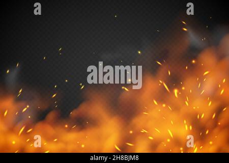 Smoke fire effect. Burning embers red hot metal ignite sparks fiery heat transparent smog texture isolated on black Stock Vector