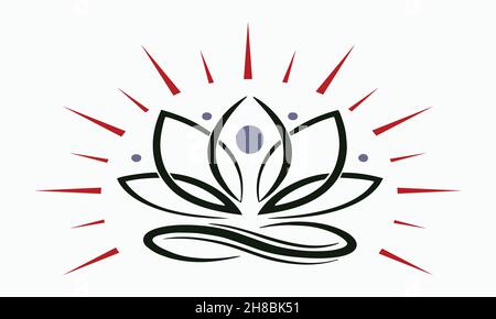 flower shape vector logo design symbol with dot in the center and small dots with red spikes Stock Vector