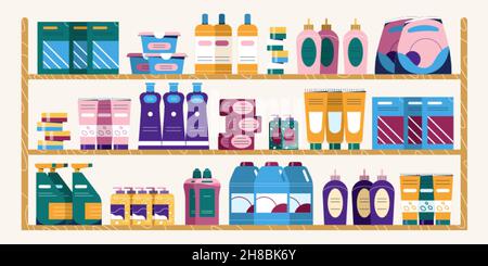 Supermarket shelves with detergent bottles and chemical cleaning supplies. Flat shelf with household chemicals, washing powder, personal hygiene items. Dometic chemistry store. Cleanser display racks. Stock Vector