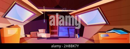 House attic interior cartoon vector illustration. Mansard room with wooden wardrobe, carton boxes and window in roof. Garret place with wood floor, ceiling beam, old things and scattered books. Stock Vector