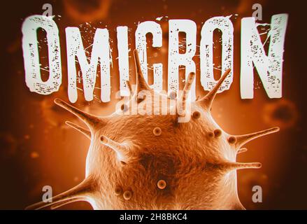 Coronavirus Omicron variant 3d render concept: Macro coronavirus cell and Omicron text in front of blurry virus cells floating on air. Stock Photo