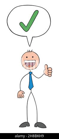 Approve, stickman businessman giving thumbs up and approved, speech bubble with check mark. Hand drawn outline cartoon vector illustration. Stock Vector