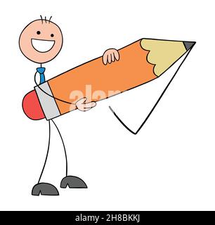 Approve, stickman businessman is holding a pencil and drawing a check mark. Hand drawn outline cartoon vector illustration. Stock Vector
