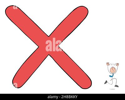 Problem, stickman businessman is afraid of the huge cross and runs away. Hand drawn outline cartoon vector illustration. Stock Vector