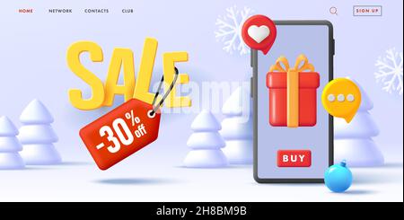 Winter banner with big smartphone with gift box and likes, message bubbles woth sale up to 30 and white stilized christmas trees Stock Vector