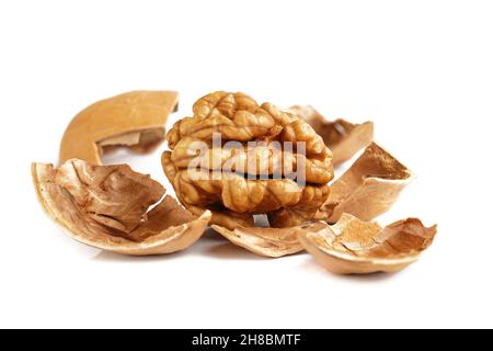 Macro of peeled walnut. Whole walnut kernel  and cracked walnut shell isolated  on white background. Stock Photo