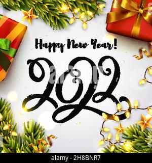 Happy New Year 2022 greeting card! Vector illustration with hand drawn paintbrush lettering 2022, Christmas tree branches, gift boxes, and garlands. Stock Vector