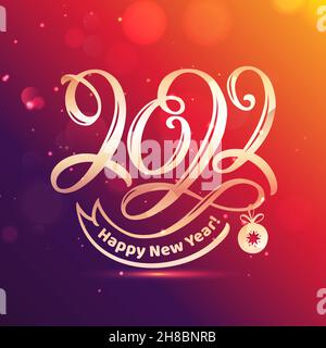 Happy New Year greeting card with hand lettering 2022. Festive banner with golden handwritten figures and colorful gradient background. Vector Stock Vector