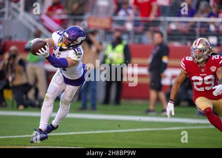 San Francisco 49ers cornerback Richard Sherman (25) breaks up a pass  intended for Minnesota Vikings wide receiver Adam Thielen (19) during an  NFL divisional playoff game, Saturday, Jan. 11, 2020, in Santa