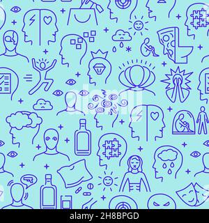 Mental disorders seamless pattern in thin line style. Psychological problems background. Vector illustration. Stock Vector