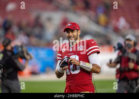 San Francisco 49ers quarterback Jimmy Garoppolo (10) prepares to be interviewed by Fox TV after the end of the game against the Minnesota Vikings in S Stock Photo