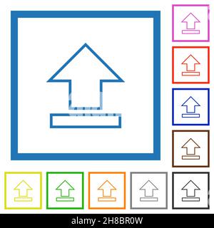 Upload outline flat color icons in square frames on white background Stock Vector