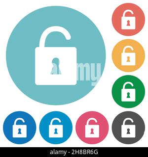 Unlocked padlock with keyhole flat white icons on round color backgrounds Stock Vector