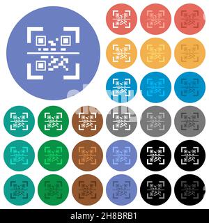 QR code scanning multi colored flat icons on round backgrounds. Included white, light and dark icon variations for hover and active status effects, an Stock Vector