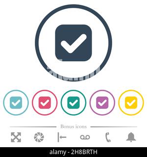 Checkbox solid flat color icons in round outlines. 6 bonus icons included. Stock Vector