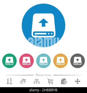 Upload from hard disk flat white icons on round color backgrounds. 6 bonus icons included. Stock Vector