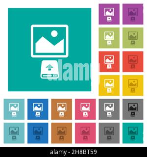 Upload image from hard disk multi colored flat icons on plain square backgrounds. Included white and darker icon variations for hover or active effect Stock Vector