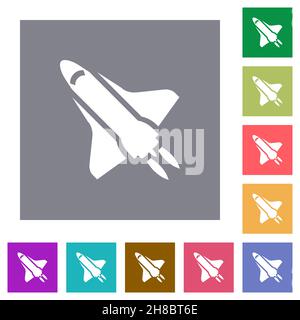 Space shuttle with propulsion flat icons on simple color square backgrounds Stock Vector