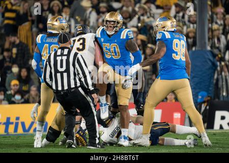 UCLA Bruins defensive lineman Tyler Manoa (50) celebrates a sack during a NCAA football game against the California Golden Bears, Saturday, Nov. 27, 2 Stock Photo