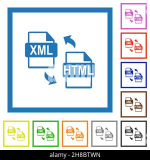 XML HTML file conversion flat color icons in square frames on white background Stock Vector