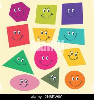 Big set colored geometric shapes with various joyful emotions. Stock Vector