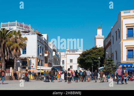ESSAOUIRA - JAN 04: People walking at the Place Moulay Hassan anв main square in Essaouira, January 04. 2018 in Morocco Stock Photo