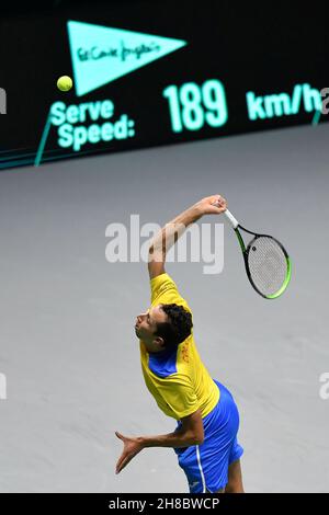 Turin, ITALY, Italy. 27th Nov, 2021. Tennis-Davis Cup Group E qualification for quarter finals.Italia vs Colobia.Pala Alpitour, Turin, Italy November 27, 2021.Daniel Elahi Galan of Colombia in action during the tennis singles match against Jannik Sinner of Italy (Credit Image: © Tonello Abozzi/Pacific Press via ZUMA Press Wire) Stock Photo