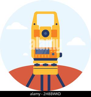 Geodetic optical measuring laser level device. Tachymeter, Theodolite with ground and clouds circle Icon. Vector. Stock Vector
