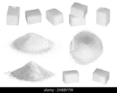 Sugar grains. Pastry ingredients for preparing delicious products sugar in square forms decent vector realistic collection Stock Vector