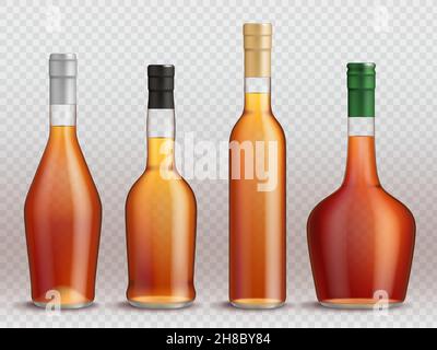 Cognac bottles. Realistic transparent containers for liquid alcohol drinks liquor whiskey brandy tequila wine for irish party pub decent vector set Stock Vector