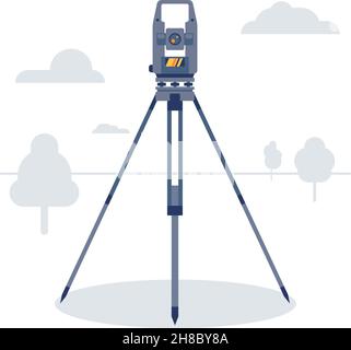 Geodetic instrument in a field with trees. Cadastral equipment. Theodolite. Vector Illustration. Stock Vector