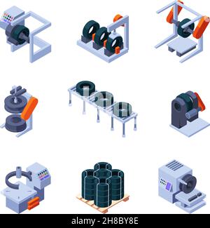 Making tires. Isometric technician processes machinery steel industry tires production technology garish vector smart services Stock Vector