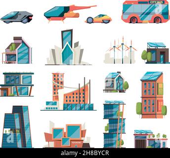 Futuristic cars. Cyber city future buildings and vehicles modern architectural objects skyscrapers and smart automobiles garish vector flat pictures Stock Vector