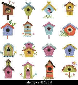 Wooden birdhouse. Garden little houses on branches wooden living room for flying birds recent vector illustrations Stock Vector