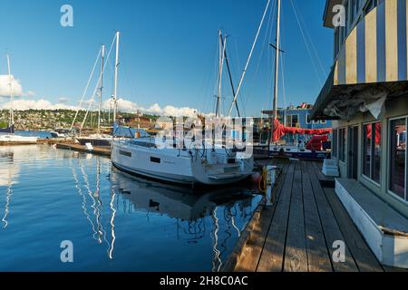 Yacht in Lake Union marina, Seattle, Washington Stock Photo