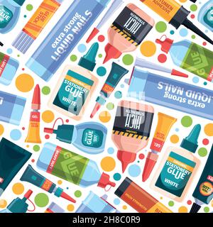 Glue pattern. Office supplies bottles collection with liquid glue garish vector seamless background for textile design projects Stock Vector
