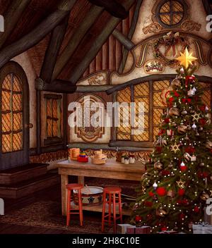 Old cottage interior with Santa working desk full of gift boxes and a beautiful Christmas tree with red baubles Stock Photo