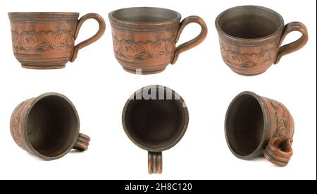 Set clay cups from different camera angles isolated on white background. Big size Stock Photo
