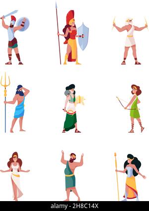 Ancient gods. Greek mythology pantheon characters hermes cupid hestia mars roman history olympus persons garish vector flat illustrations Stock Vector