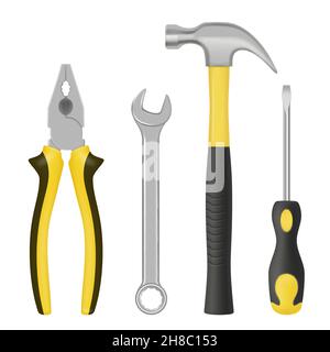 Realistic mechanic tools. Garage metal crafted items for handyman workers steel objects hammer keys screws bolts nuts nails pliers Stock Vector