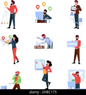 Logistic warehouse. Storage people controlling delivery services boxes transportation distribution organisation persons callcenter workers garish Stock Vector