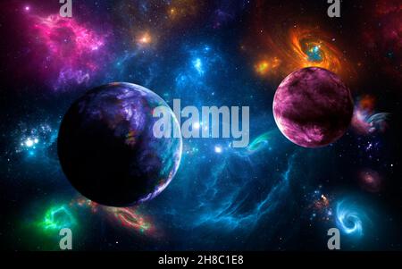 Panorama Space scene with planets, stars and galaxies. Banner template. Many Nebulae and galaxies in space, many light years away. Deep Universe. Larg Stock Photo