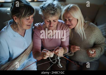 High angle view of happy senior friends having fun knitting together indoors at home. Stock Photo