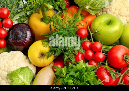 Top view vegetables and fruits from garden beds. Healthy background Stock Photo